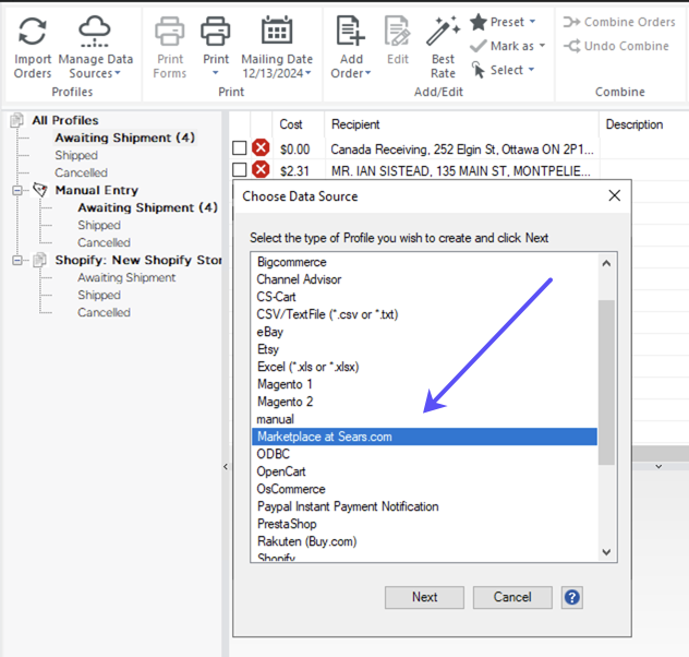 Choose Data Source popup. An arrow points to the Marketplace at Sears option