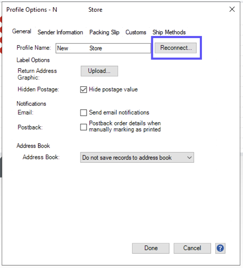 A box highlights the Reconnect button on the Profile Options popup