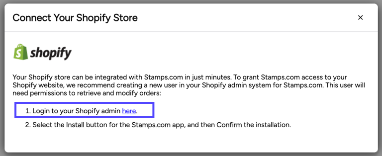 Connect your Shopify Store popup. Box shows link taking you to your Shopify store