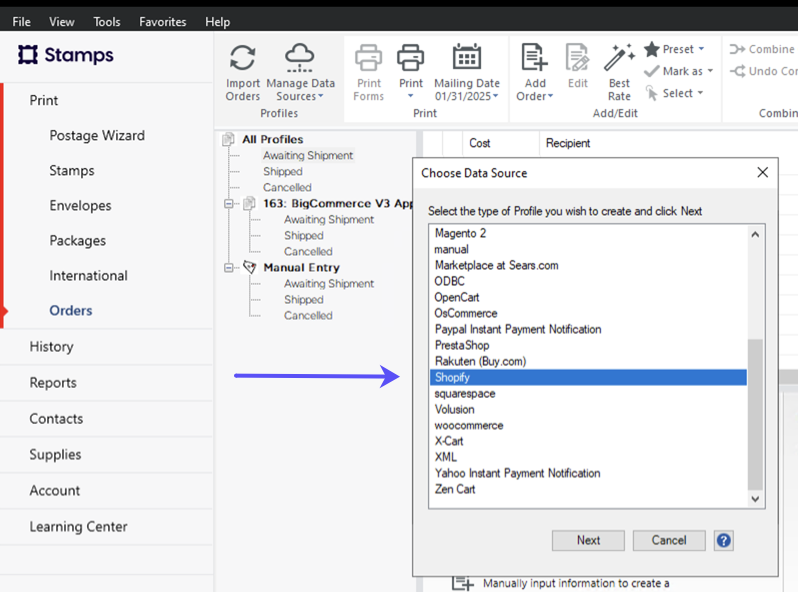 Choose Data Source popup. Shopify store shown marked