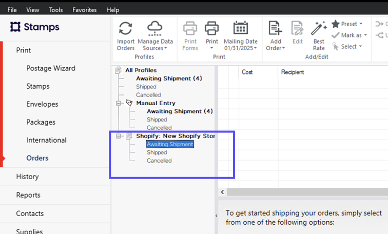 ORDERS page. Shopify-Store shows in the Profiles-Tree