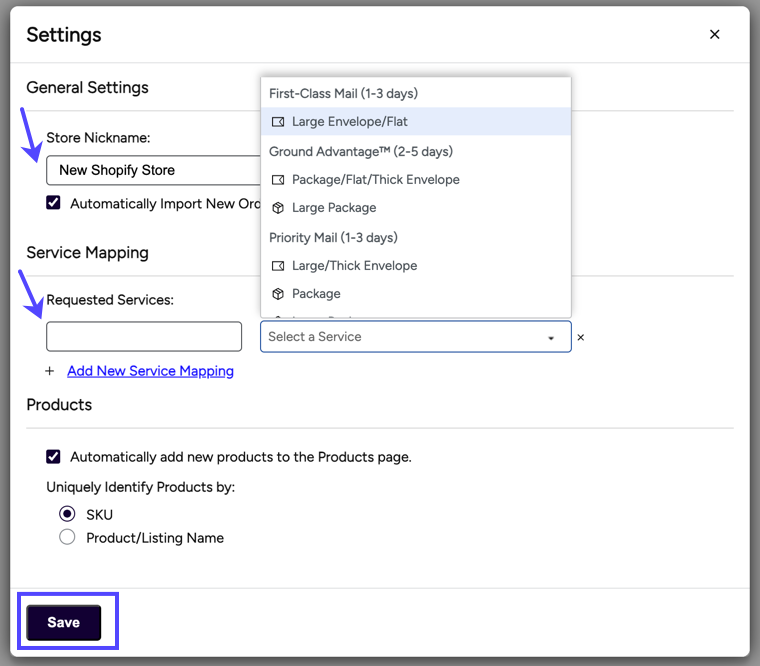 Shopify-Store-Setting popup. Store name & Service Mapping fields + Save button shown marked
