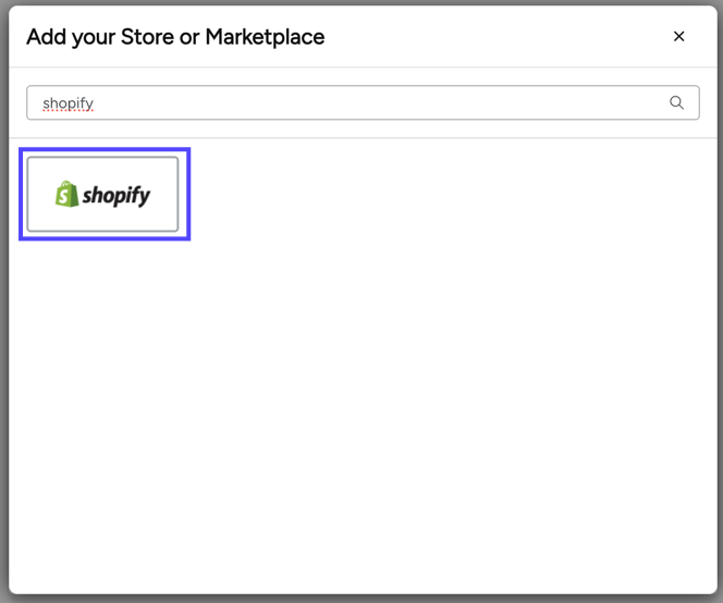 Add-store popup. Shopify tile shown marked