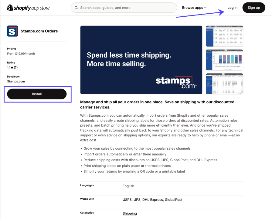 Shopify-App-Store. log-in link, Stamps-App & Install button all shown marked
