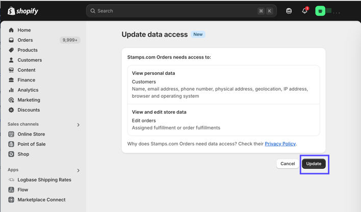 Shopify-Update-Data-Access popup. The Update button is shown marked