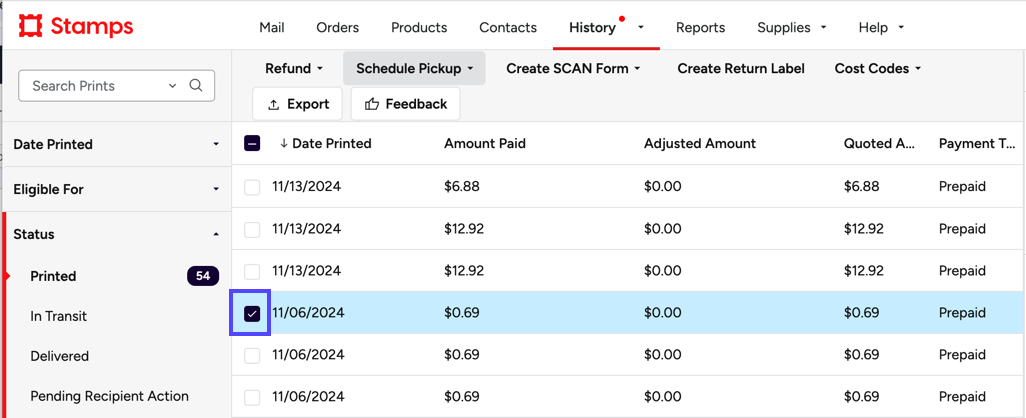 History tab. Orders grid. A box highlights the selected order.