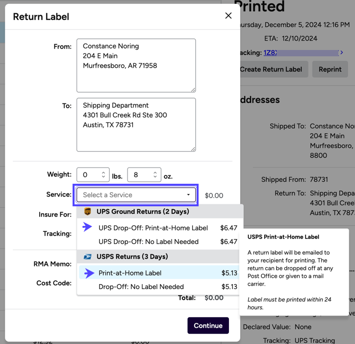 Return Lable popup. A box highlights the Service dropdown. Arrows to the Print-at-Home label options