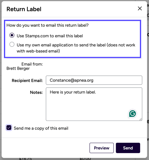 Return Lable popup. Box highlights options to email return label. Use Stamps or your email app.