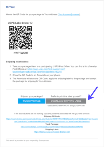 An arrow points to the button to download a return label