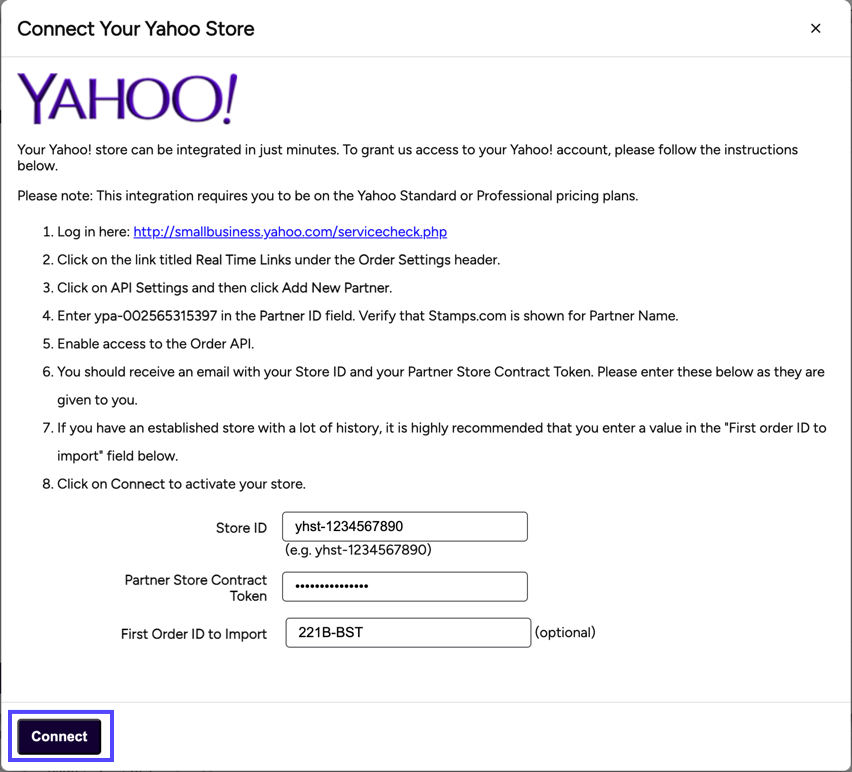 Connect Your Yahoo Store popup. Store ID, Store Contract, & 1st Order fields. Box on Connect button