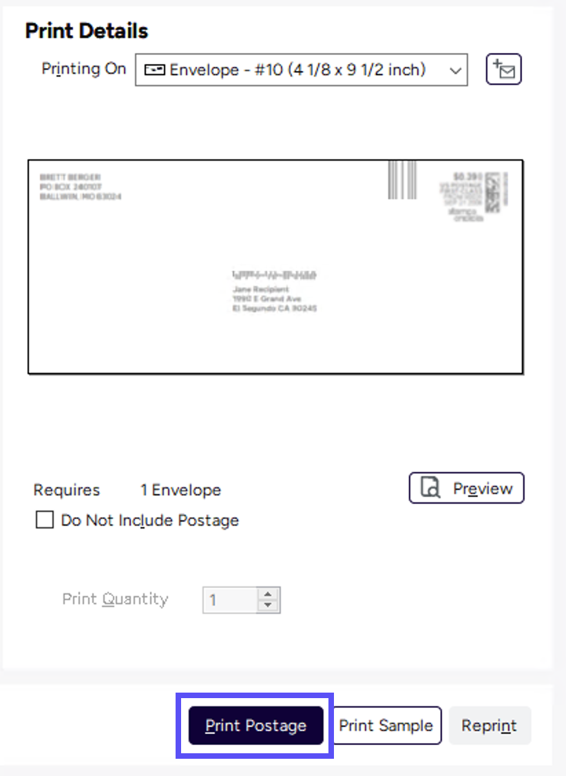Box highlights the print postage button