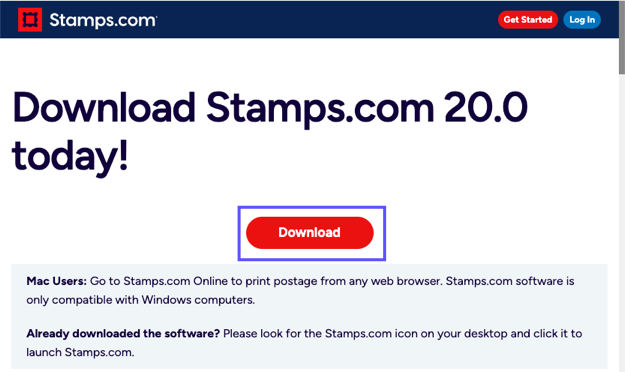 The stamps.com download page. A box highlights the download button.
