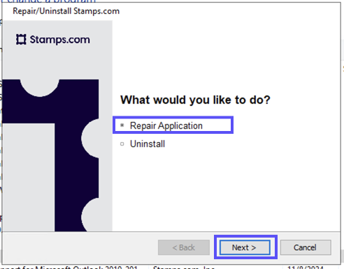 Stamps PC Installer popup. Boxes show the Repair-Application button & the Next button