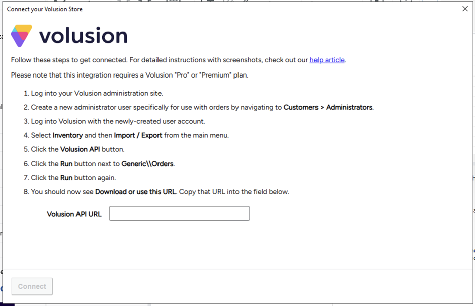 Connect Your Volusion Store popup. Steps to connect your Volusion store, + Volusion API URL field