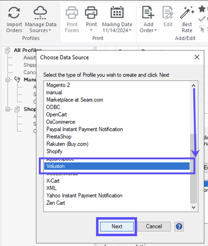 Choose-Data-Source popup. Arrow indicates to scroll. Box highlights Volusion opiton