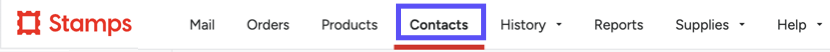 Stamps ­WEB version: ­Toolbar. ­ Box highlights CONTACTS tab.