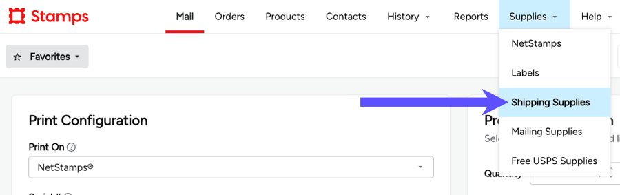 Stamps ­WEB version: ­Toolbar. ­SUPPLIES tab. Box highlights the Shipping Supplies option.
