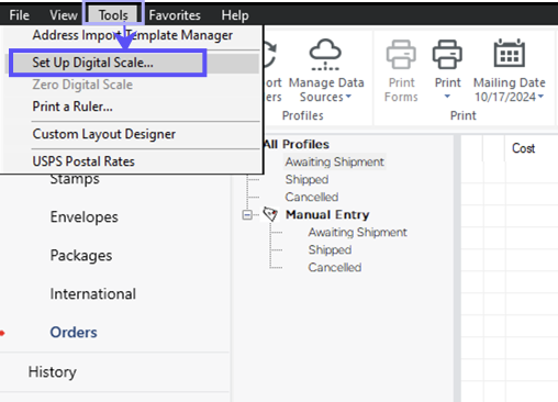 Stamps PC. Tools dropdown menu. Arrow to Set Up Digital Scale option