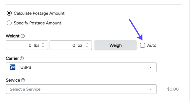Print Configuration popup. Weight fields. Arrow to Auto weigh checkbox.