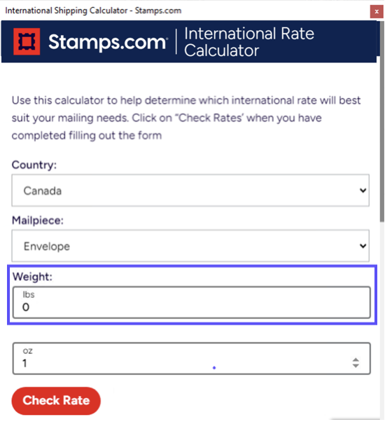 International Rate Calculator Popup. Box highlights the Weight fields
