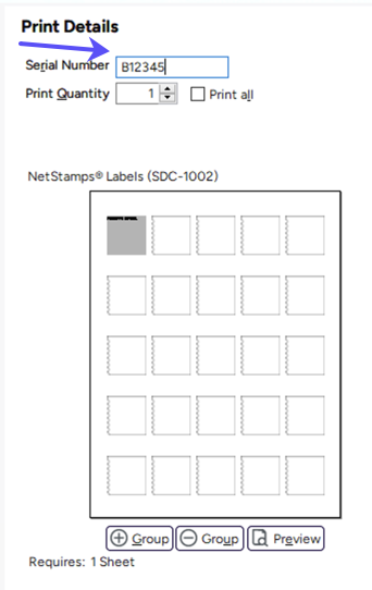 ­Postage-­Details > Print-Details. Arrow points to Serial Number field