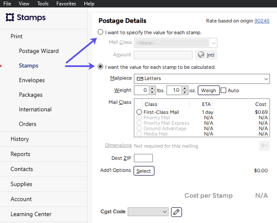 PC. Stamps tab. Postage Details. Arrows to radio button options: specify value, or have value calculated