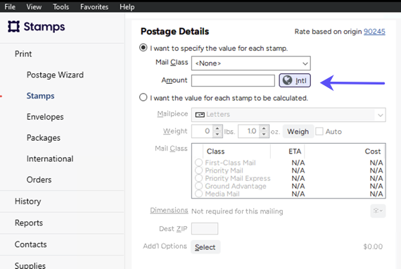 Postage Details. Arrow points to International button. Reads, INTL
