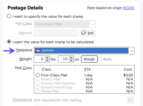 Postage Details. Arrow points to Mailpiece dropdown menu