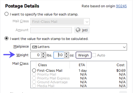 Postage details. Arrow to Weight field