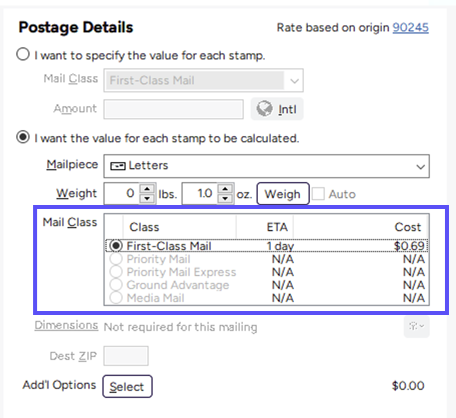 Box highlights Mail Class menu