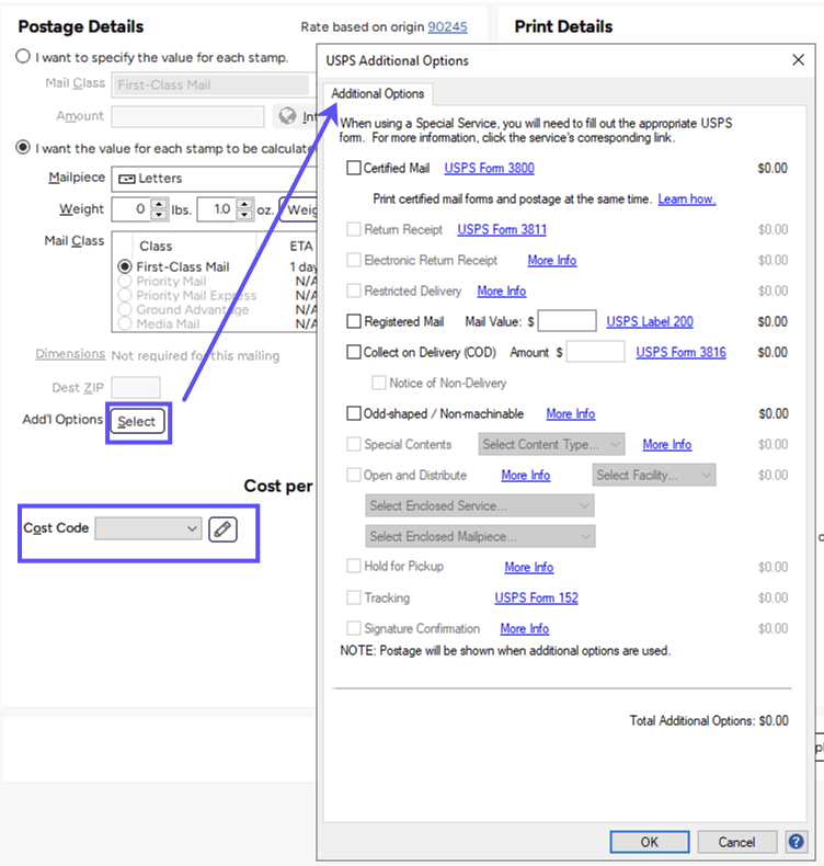 Box on Additional Options button with arrow to Additional Options popup. Box on Cost Codes field.