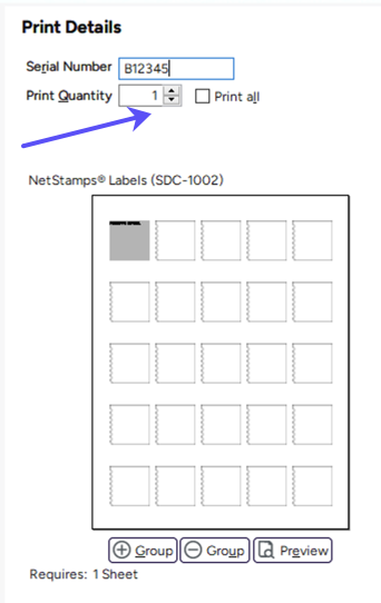 Postage-­Details > Print-Details. Arrow points to Print-Quantity field