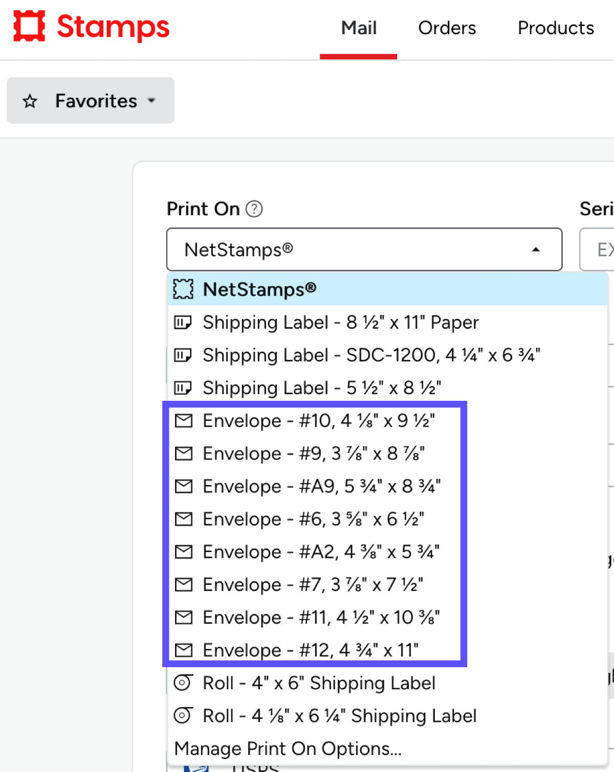 Mail tab. Arrow points to Envelope #10 option in menu.