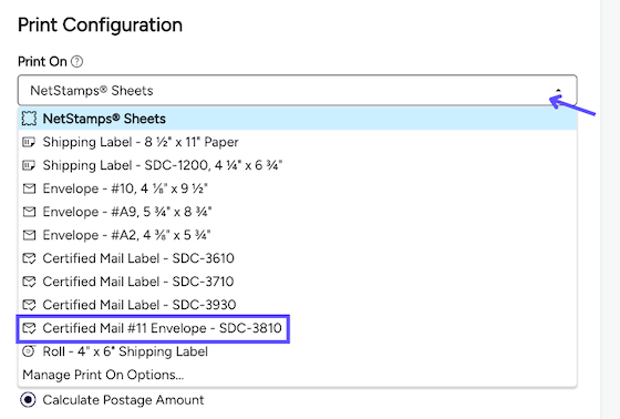 Stamps web version. Print configuration. Print On menu. Box highlights Certified Mail option. Arrow to NetStamps