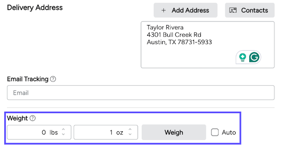 Stamps Web. MAIL tab. Certified Mail. Box highlights Weight options