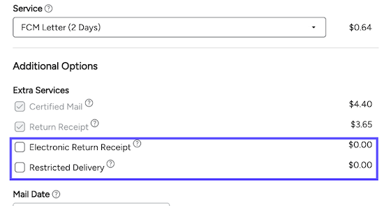 MAIL tab. Certified-Mail. Box shows Extra services: Electronic-Receipt. Restricted Delivery