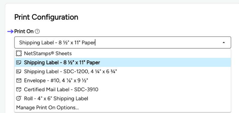 Print Configuration. Arrow points to the Print-On menu. Shipping Label size 8.5" x 11" selected