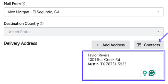 Stamps Web. MAIL tab. Certified-Mail. Box highlights Mail-To address. Arrow to Contacts button