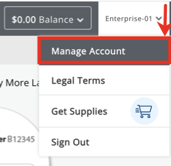Stamps Enterprise Account Settings. Arrow for dropdown menu. Box highlights Manage Account