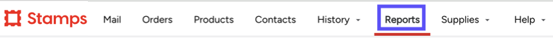 Stamps ­WEB version: ­Toolbar. ­ Box highlights REPORTS Tab