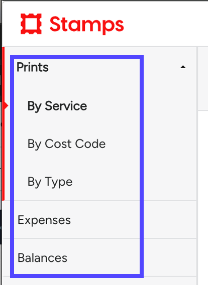 Box highlights Report types. Prints: by service, Cost Code, or Type. Other categories: Expenses. Balances.