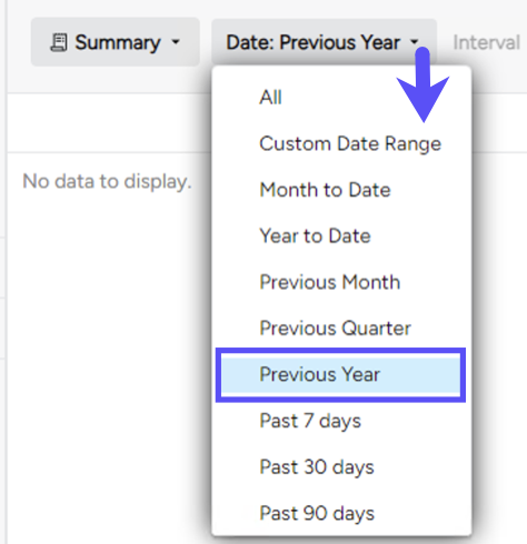 Date Range selector. Arrow from dropdown points to selection: Previous Year.