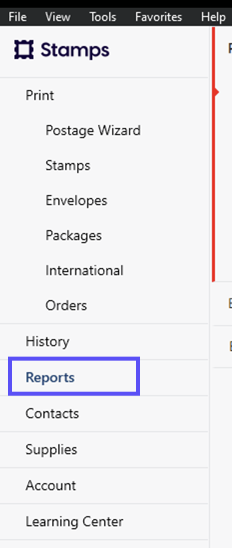 Stamps PC. Box shows the Reports tab marked in the sidebar