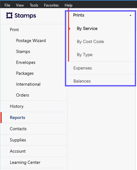 Box highlights Report types. Prints: by service, Cost Code, or Type. Other categories: Expenses. Balances.