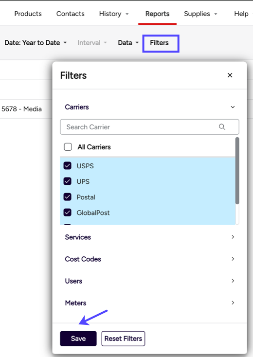 Filters button shown. Popup has filter options selected. Arrow shows Save button