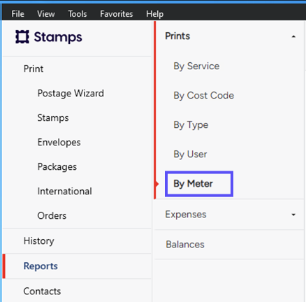 Stamps Enterprise. REPORTS. Prints menu. Shows the By-Meter option selected.