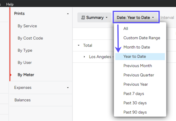 Date-menu dropdown. Shows Year-to-Date selected