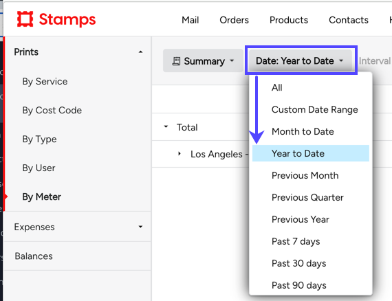 Date-menu dropdown. Shows Year-to-Date selected