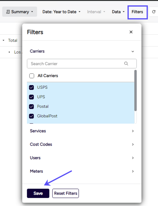 Filters button shown. Popup has filter options selected. Arrow shows Save button
