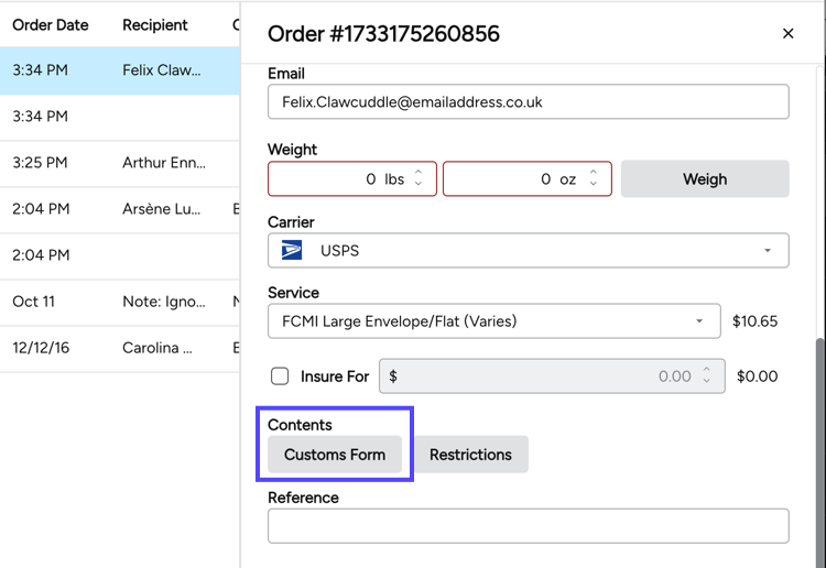 Box highlights Customs Forms button on an order's Order Details